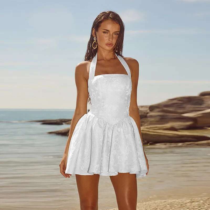 Dongdumaoyi Townlike Jacquard Waist Wrap A Line Dress Women Halter Mini Spring Summer Backless Nightclub Sexy Party Dresses