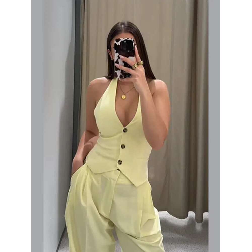 Women Chic Butter Yellow Straight Pants Suit Sexy Off Shoulder Backless Halter Top 2025 New Summer Lady 2 Pieces Set Outfits
