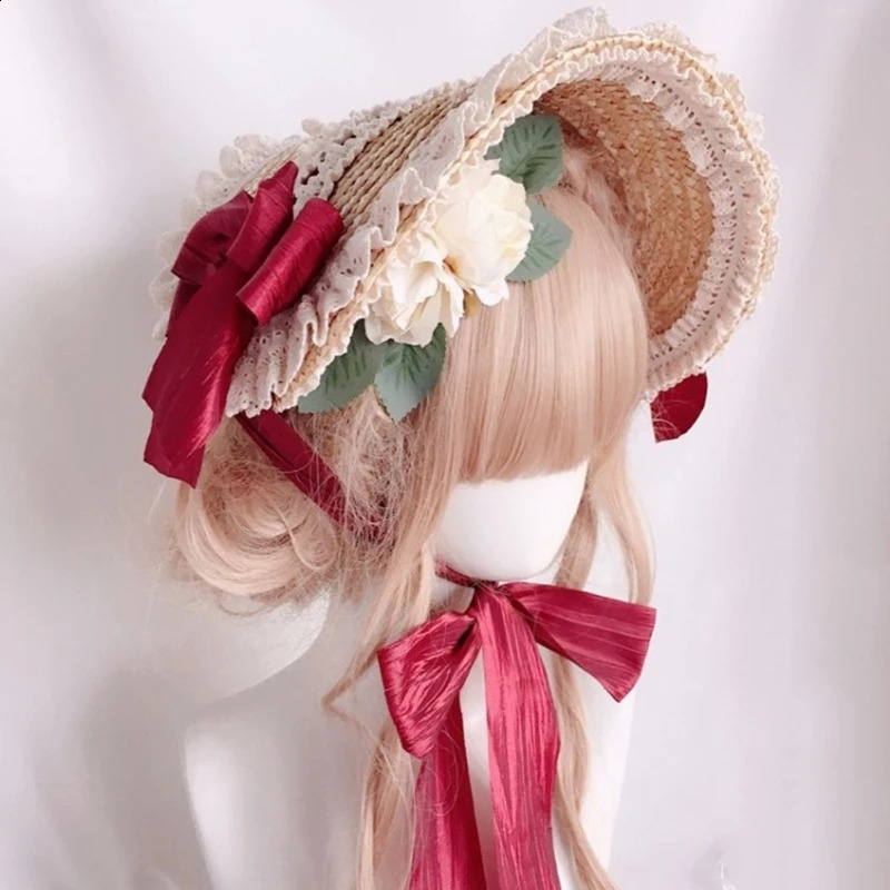 Pastoral Style Flat Top Hat Lace Flower Ribbon Straw Hat Lolita Hat Bonnet Hat French Hat All-match for Beach Vacation 250420