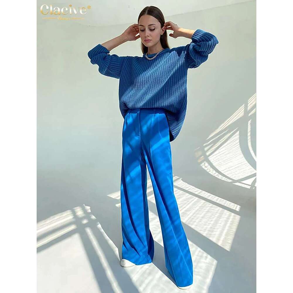 Clacive Blue Office Women's 2021 Fashion Loose Full Length Ladies Trousers Casual High Waist Wide Pants For Women