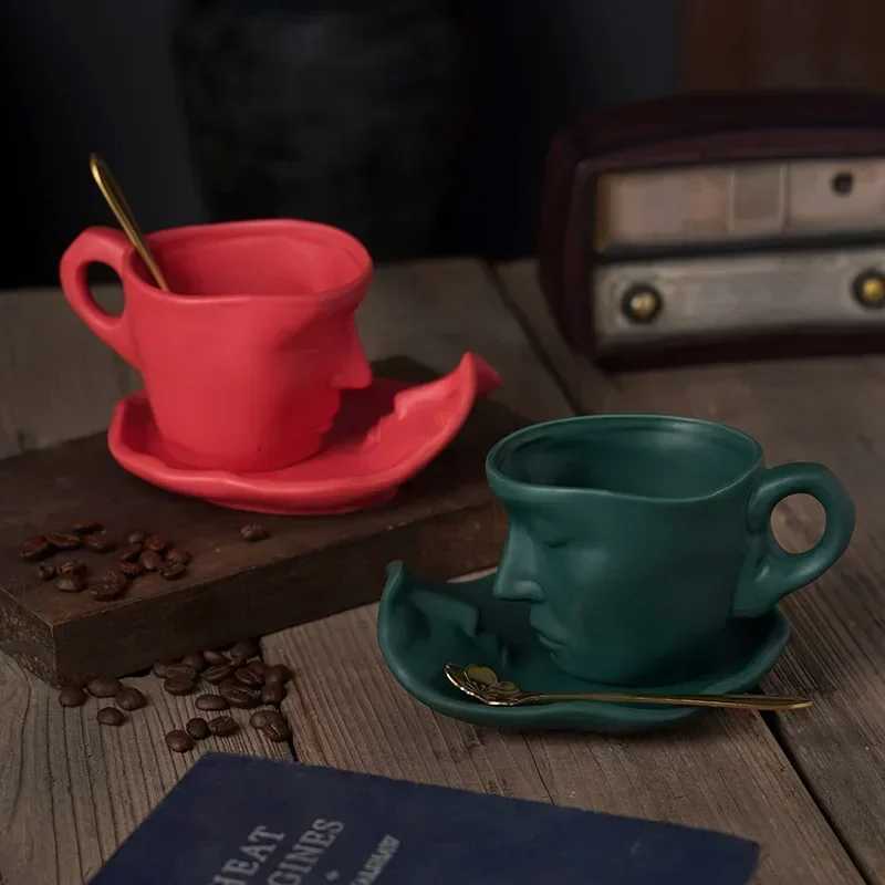 260ml European Style Bar Creative Gift Sculpture Couple Mug Exquisite Matte Ceramic Coffee Cup and Saucer Set Y251125