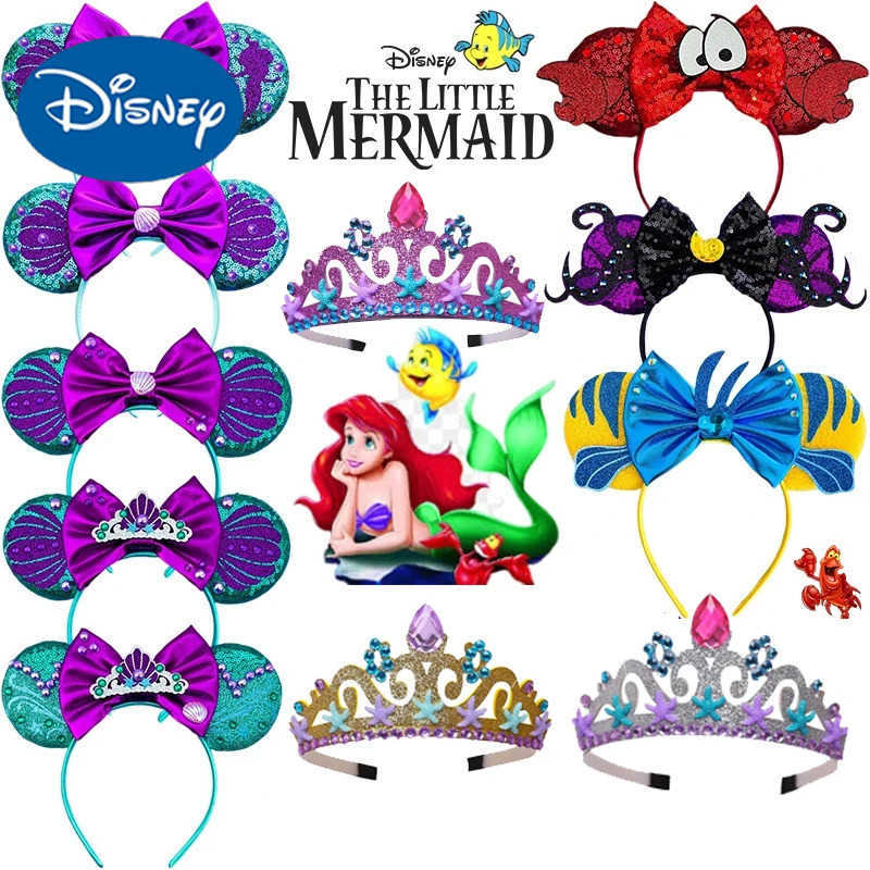 Disney Mickey Mouse Little Mermaid Hair Purple Crown Hair Accessories Ariel Headband Children Sebastian Pearl Shell Earrings X250425