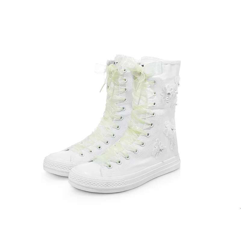 Spring new side zipper ribbon pearl butterfly flower medium canvas boots casual flat heightening large size women's shoes