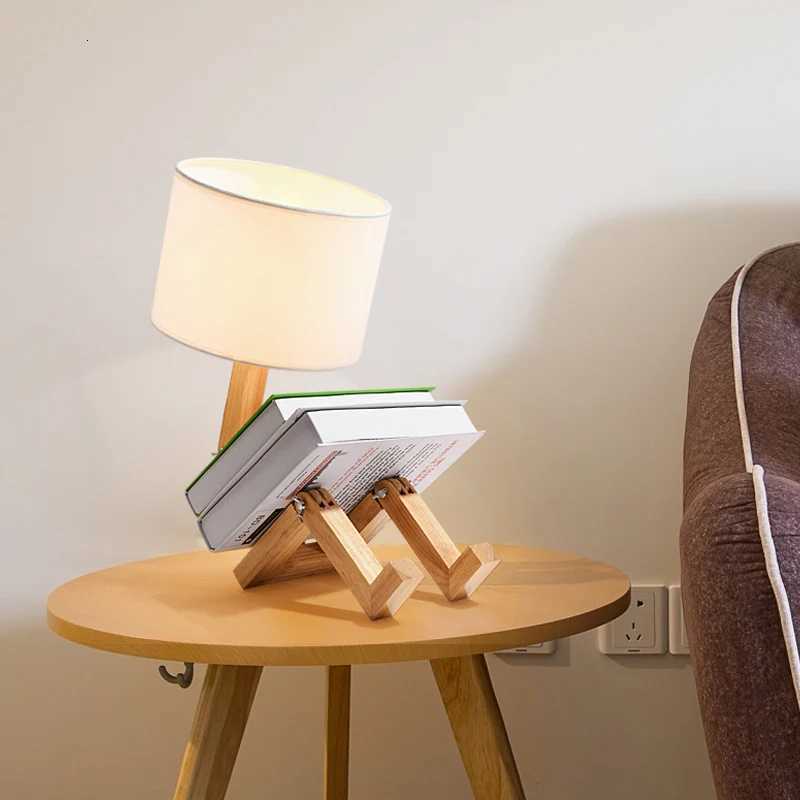 Wooden Robot Shape Creative Table Lamp Indoor Study Fashion Reading Desk Lamp Nordic Modern Desktop Decorative Night LightM251125