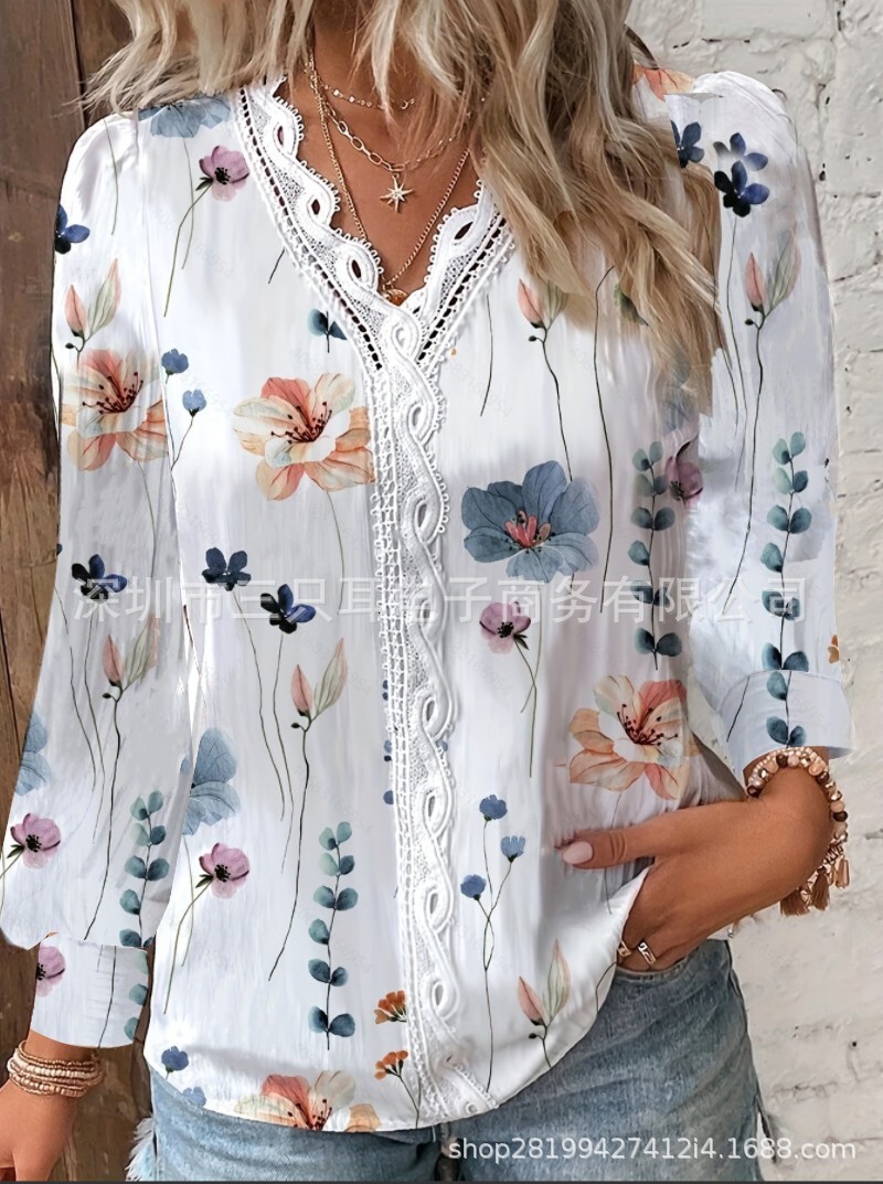 2023 Autumn New Product Long Sleeve V-neck Lace Splicing Shirt for Women