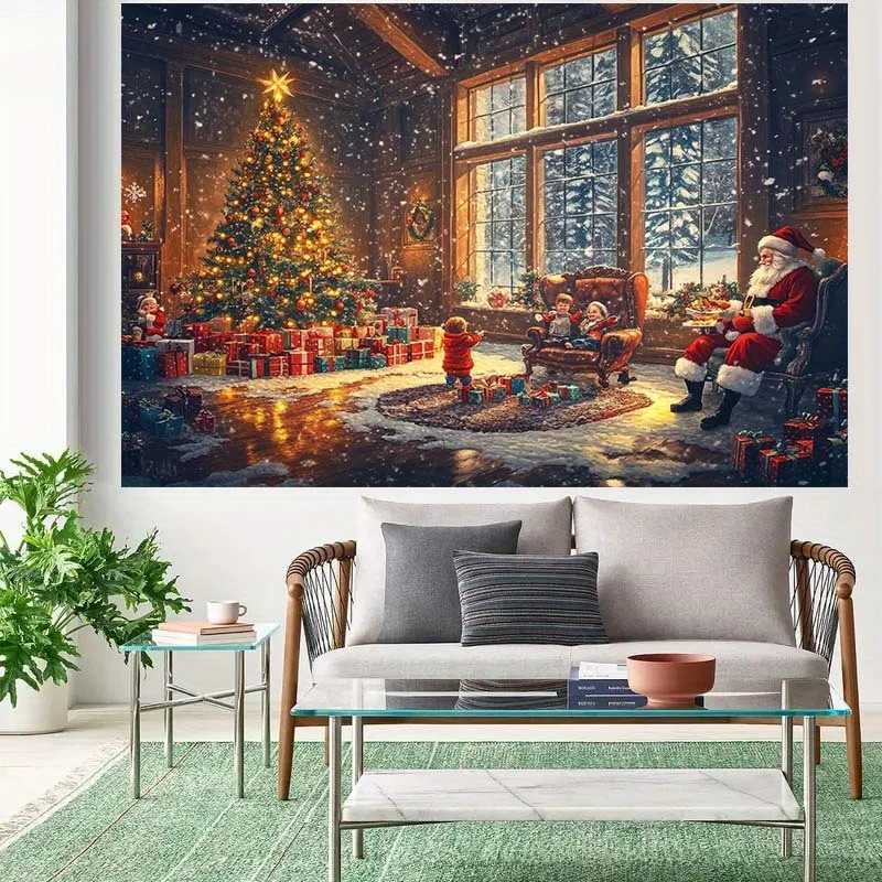 Cozy Christmas Scene Tapestry - Santa Tree Gifts Fireplace in Warm Home for Festive Wall Hanging DecorM251125