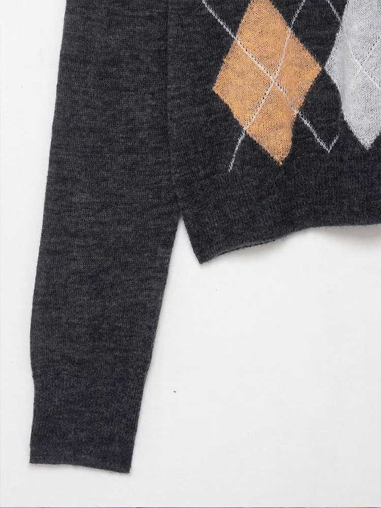 European style new womens fashion all-match temperament V-neck diamond pattern knitted cardigan sweater jacketT251125