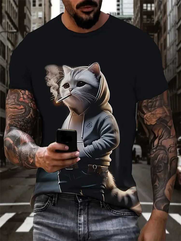 Fashionable mens short sleeved T-shirt with loose cat pattern Pullover mens T-shirt high elasticity casual 3D printed mens clothing W250425