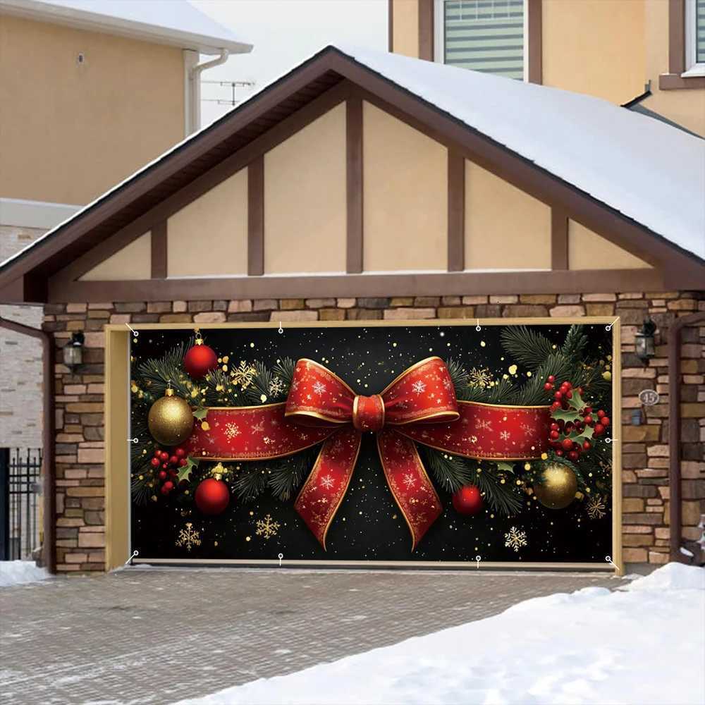 Luxury Christmas Garage Door Background Red Bows Ornaments Merry Christmas Party Holiday Outdoor Large Banner Decor BackdropM251125