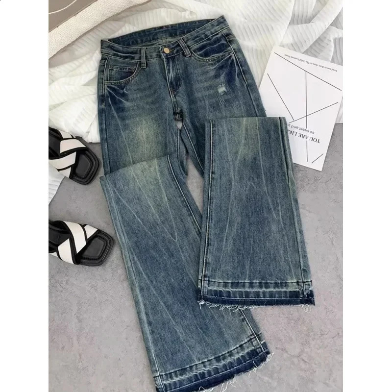 American retro low rise womens jeans autumn embryo old casual fashion slim clown bell bottom 250422