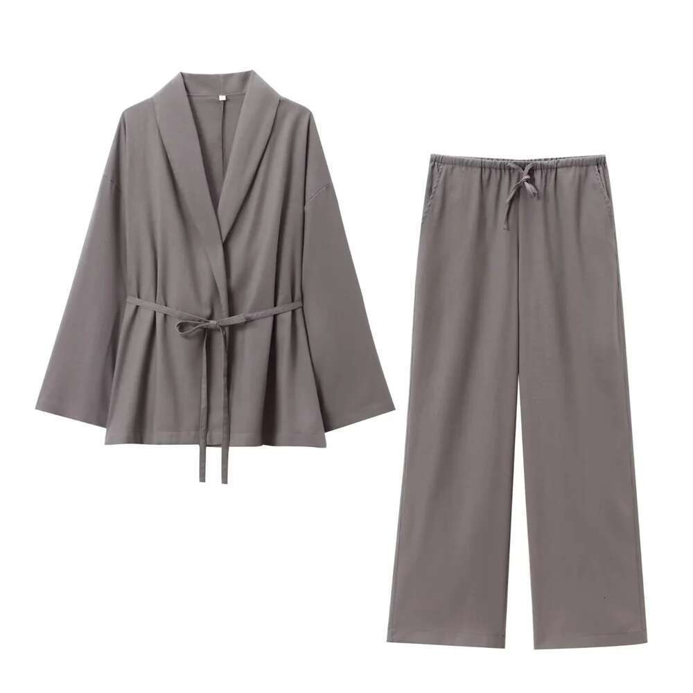 2024 Autumn New Women's Casual Wear With Belt Texture And Kimono Outerwear Pama Style Wide Leg Pants Set