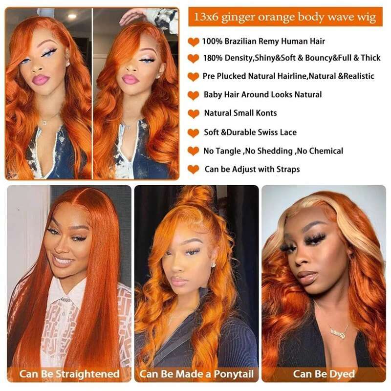 30 36 Inch Body Wave 13X6 Orange Ginger Front Pre Plucked 13X4 Human Hair Lace Frontal Wigs For Women