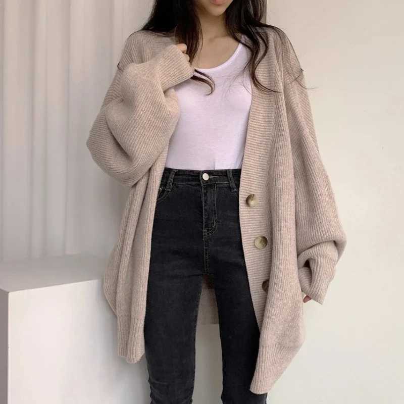 New Autumn Elegant Knitwear Winter Fashion Womens Clothing Casual V-neck Loose Lantern Sleeve Knitted Cardigan SweaterT251125