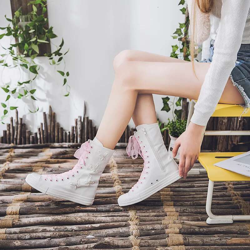 Spring and summer side zipper ribbon pearl butterfly medium canvas boots casual flat inner heightening large size women's shoes
