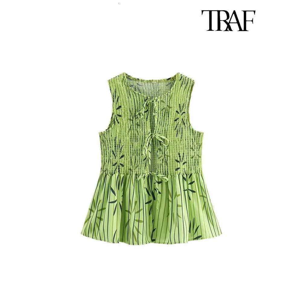 TRAF Women Fashion Pleated Printed Casual Sexy Sleeveless Ruffle Decorative Tie Top + Spliced Wide Leg Pants Two Piece Set