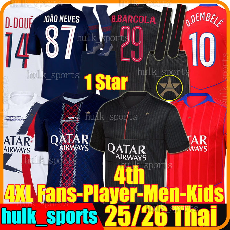 4XL 2025/26 O.DEMBELE 4th soccer jerseys BARCOLA G.RAMOS JOAO NEVES D.DOUE KVARATSKHELIA VITINHA FABIAN CHEVALIER Maillots de football shirt Men Kids Kits socks sets