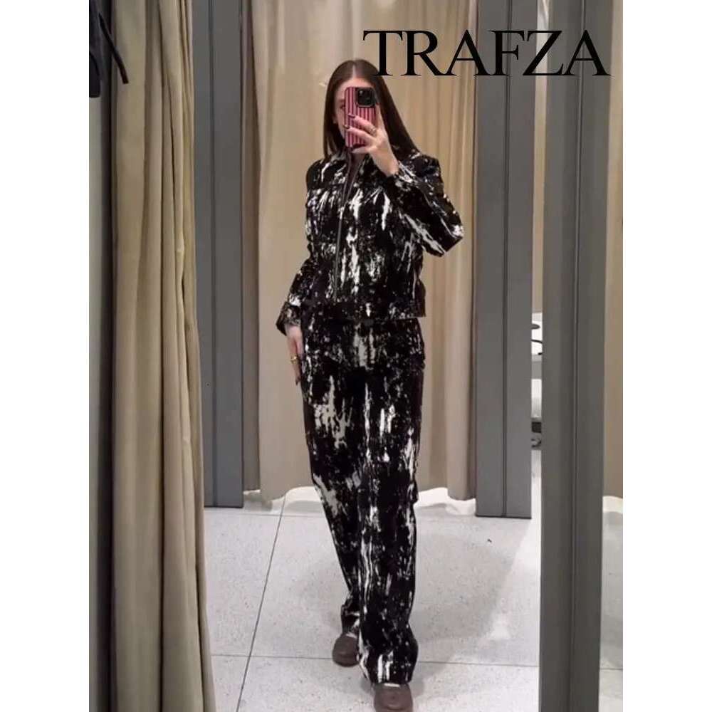 TRAFZA Vintage Pants Set Women's Fashion Versatile Animal Print Lapel Flocking Jacket+Belt High Waist Pocket Long Jeans Mujer