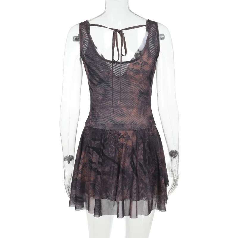 Dongdumaoyi Townlike Waist Wrap A Line Pleated Dress Women Mini Spring Summer Perspective Mesh Nightclub Sexy Party Dresses