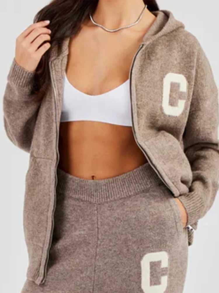 Womens Knit Hooded Jackets Pants 2 Piece Set Outwear Straight Pants Sve Zipper Coats Trousers Autumn Casual Woman Clothes W251125