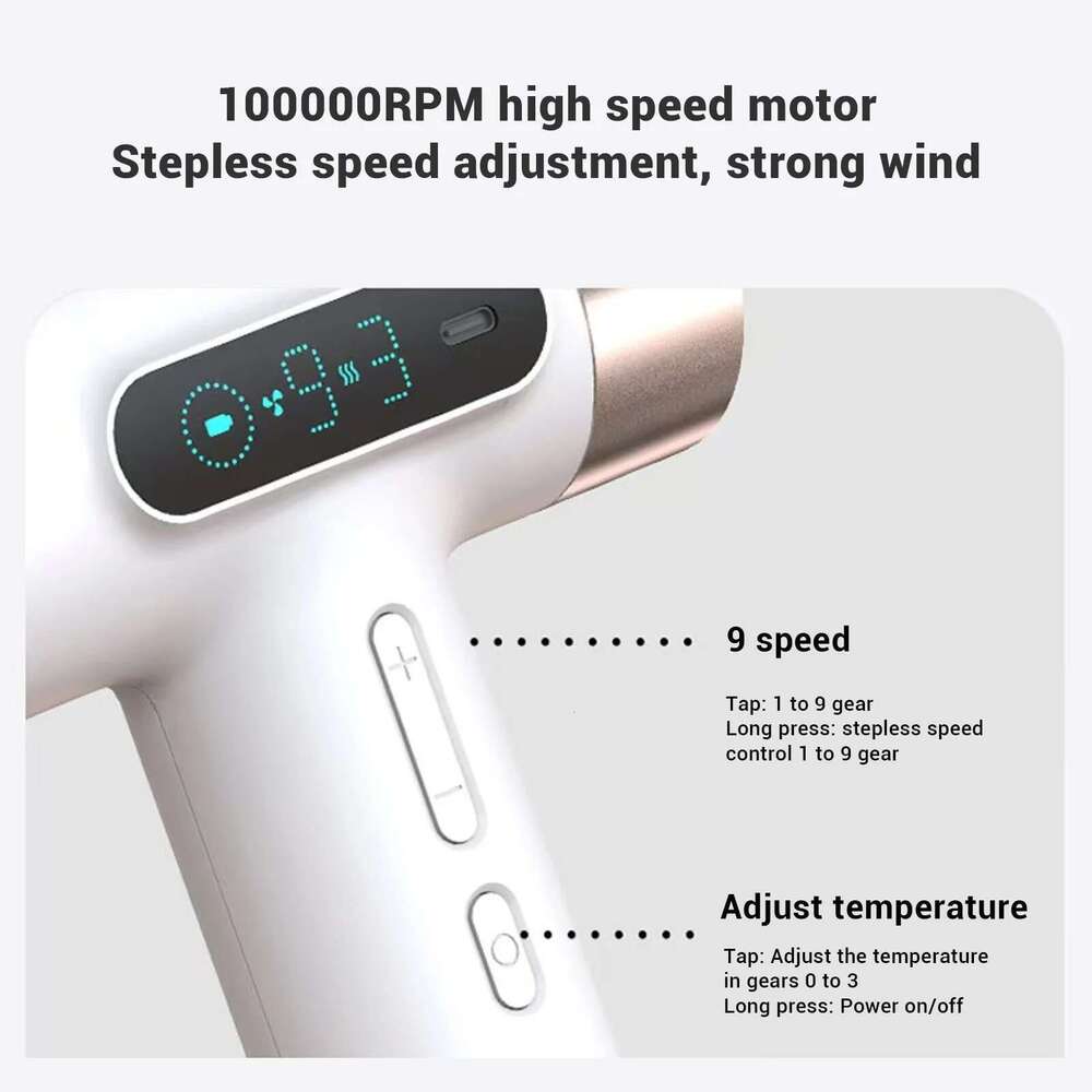 Cordless Hair 300W 100000RPM USB Rechargeable 9 Wind Speeds 3 Adjustable Temperature Portable Blow Dryer for Dormitory