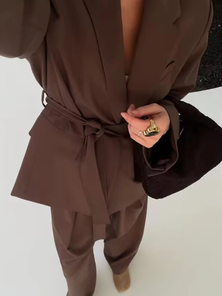 PB ZA 2025 Womens Brown Set with Belt Jacket and High Waist Wide Leg Mens Style Unique Appearance 250414Z