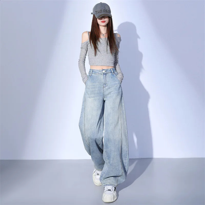 Wxw2607 light blue denim jeans split wide leg loose retro streetwear long 250417