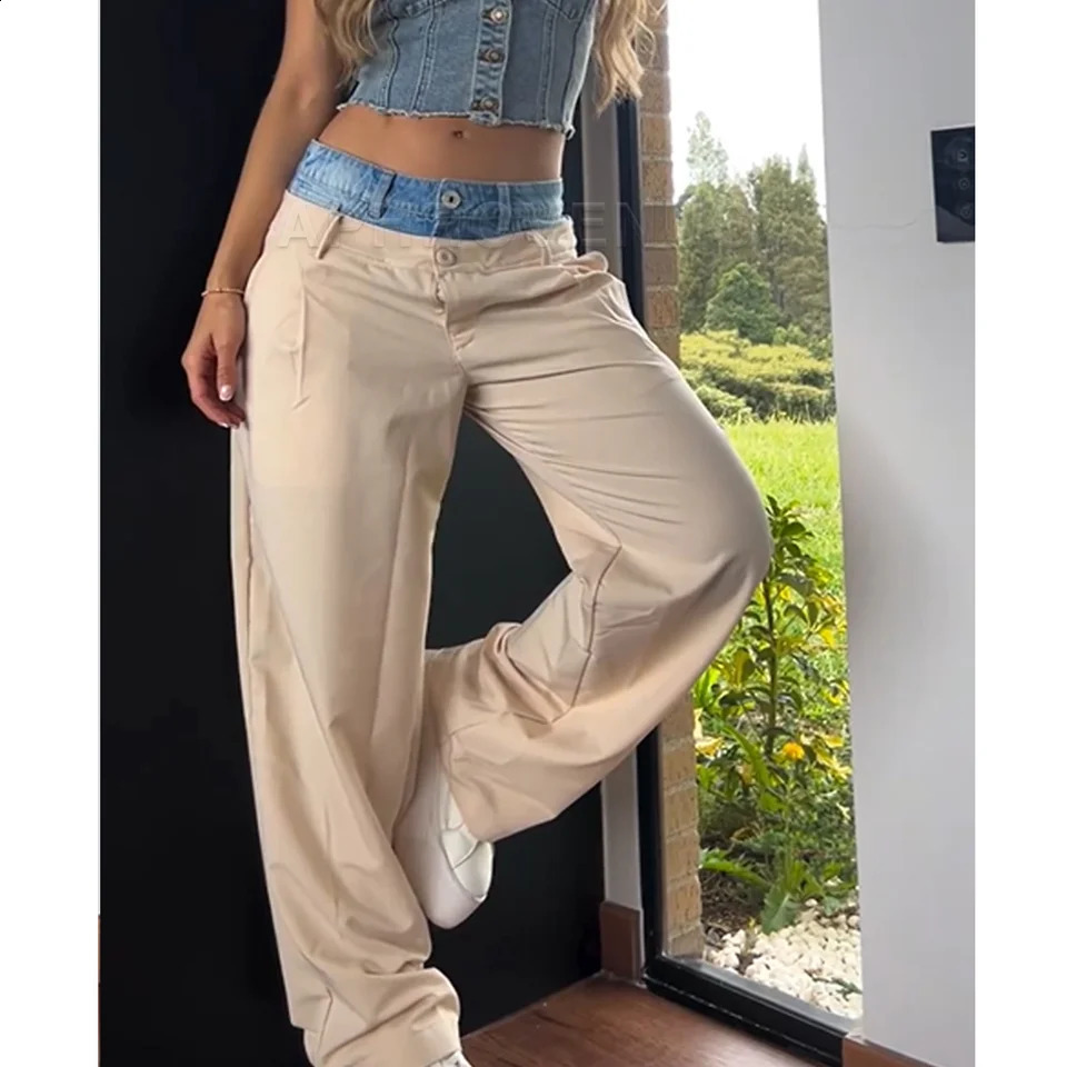 Fashionable womens jeans ultra-thin waist patch color lock high waist long stretch denim pants straight triple pants wide leg jeans 250422