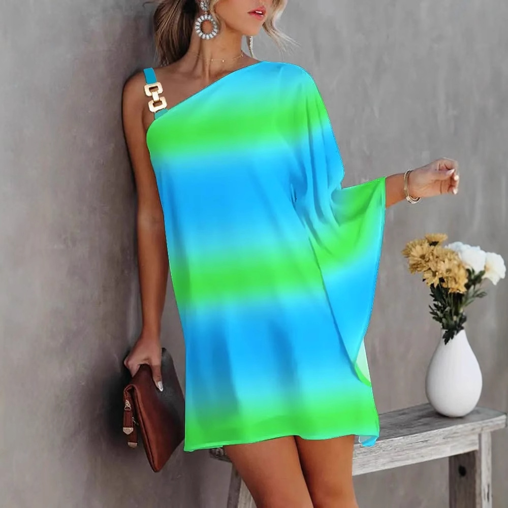 2022 summer bat sleeve off shoulder metal suspender womens dress