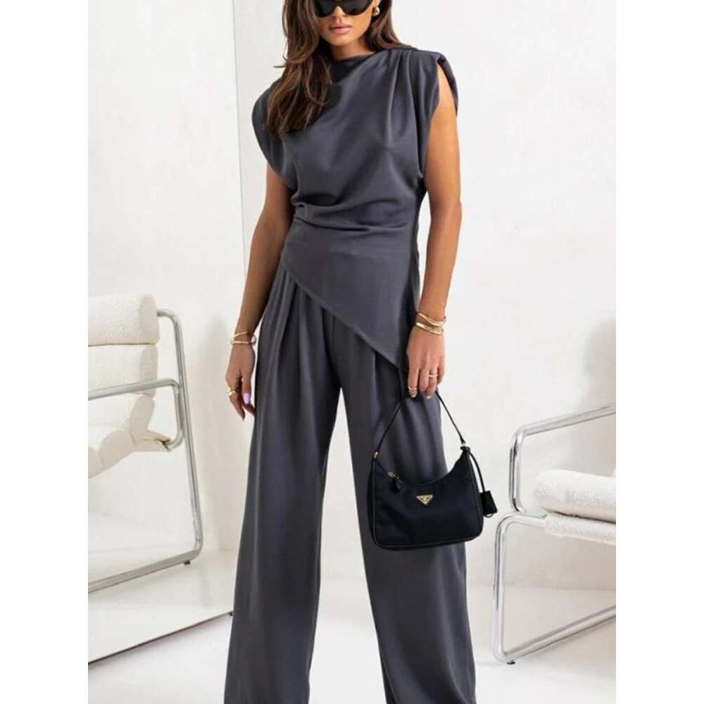 2025 Summer Fashion New Women's Two Piece High Street Elegant Round Neck Irregular Top Elastic Waist Wide Leg Pants Set