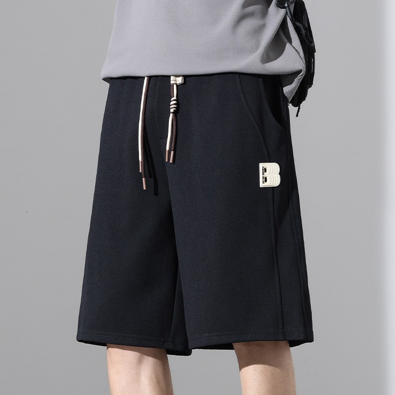 Texture waffle shorts men's summer new brand sports loose straight casual five quarter pants gray trendy