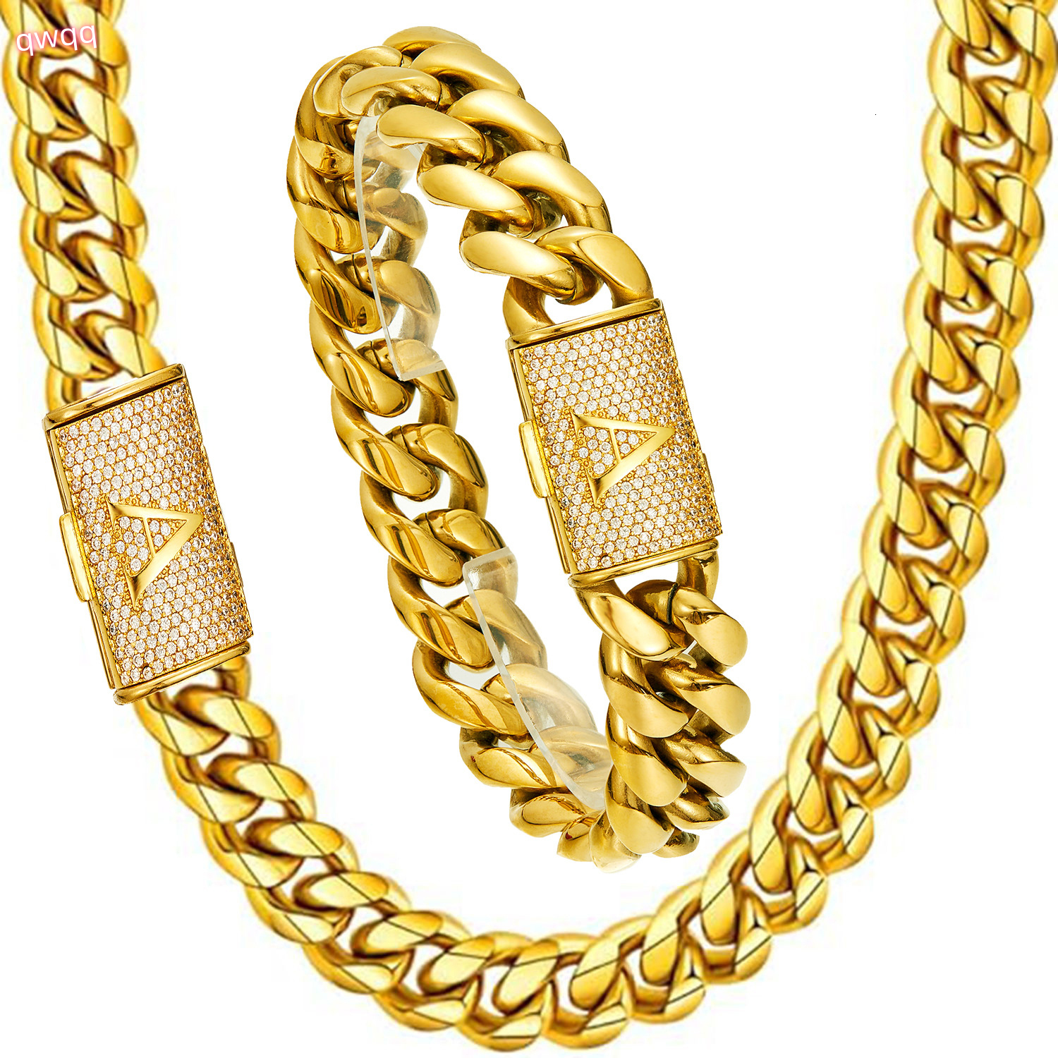 26 Letters Alphabet Iced Out Buckle Stainless Steel Cuban Link Necklace Bracelet for Men 18K PVD Gold Plated Hip Hop Jewelry