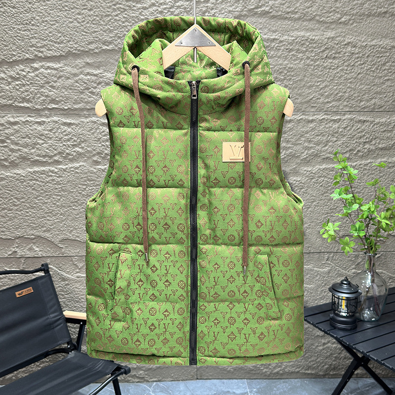 Men's Down Warm Outdoor Hooded Square Cotton Jacket High Street INS Trendy Brand Winter Warmth Outerwear Casual Pure Color Polyester