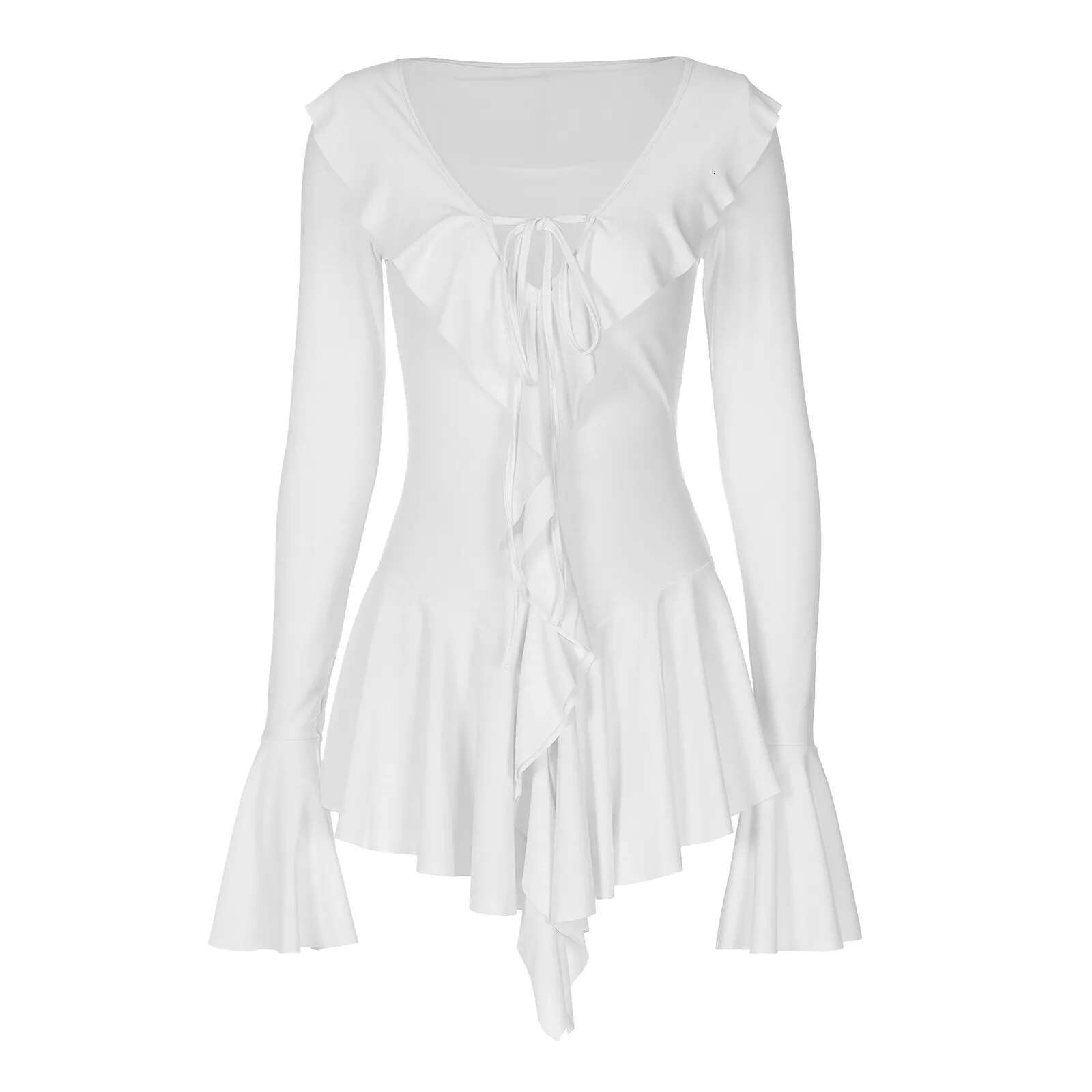 Dongdumaoyi White Ruffles Long Flare Sleeve V Neck Slim Mini Dresses For Women Autumn Fashion Elegant Sexy Short Party Dress Lady
