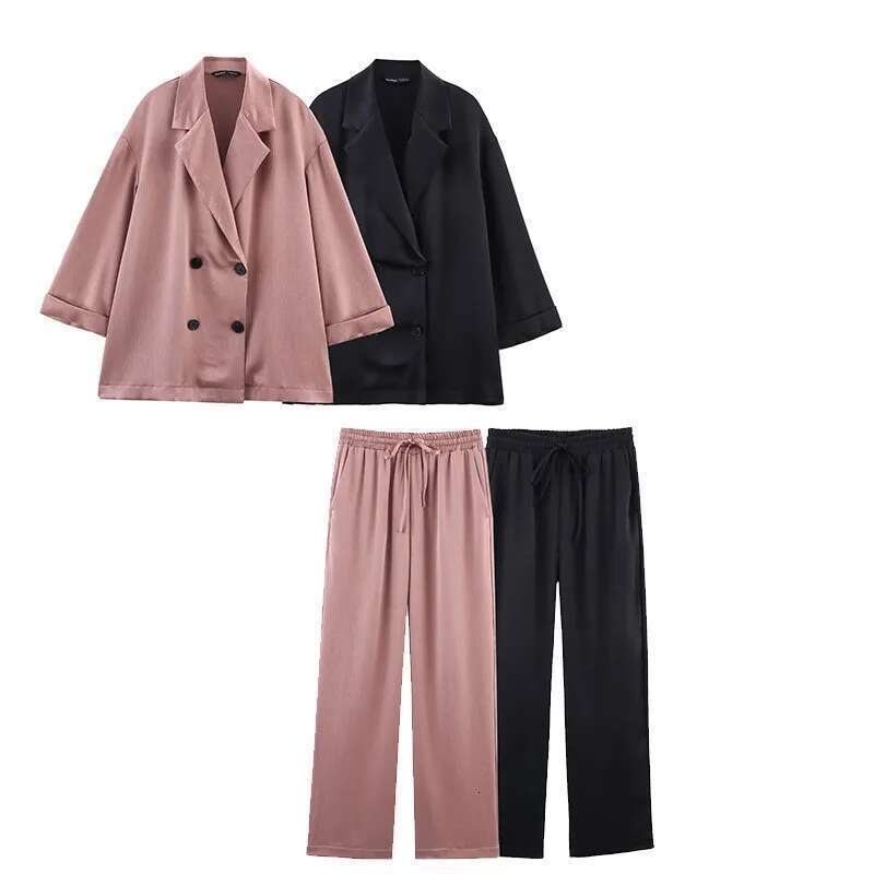 Bark Wrinkling Effect 2-Piece Pama Style Double Breasted Satin Sports Shirt High Waisted Long Pants Set
