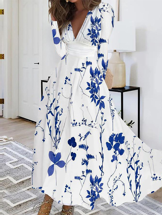 2023 Autumn V-neck Long sleeved Printed Womens Dress Womens Dress
