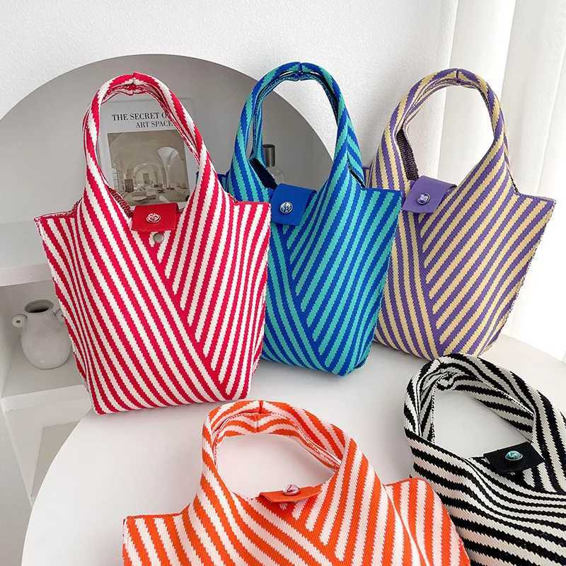 New striped knitted mini handbag womens casual shoulder bag student handbag retro commuting bucket money bag 28x18cm W250421