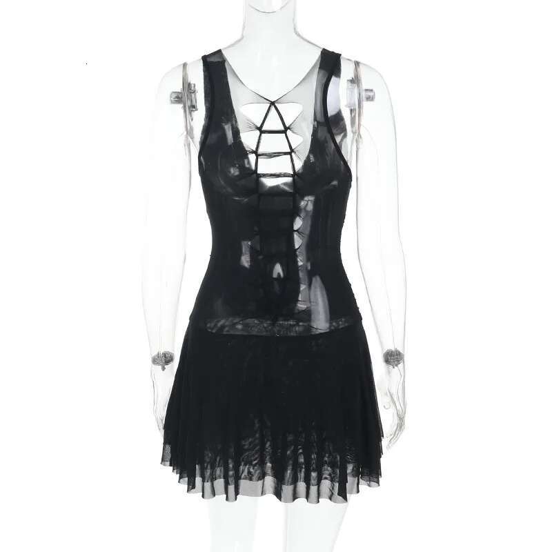 Dongdumaoyi Townlike Waist Wrap A Line Pleated Dress Women Spaghetti Strap Mini Spring Summer Mesh Nightclub Sexy Party Dresses