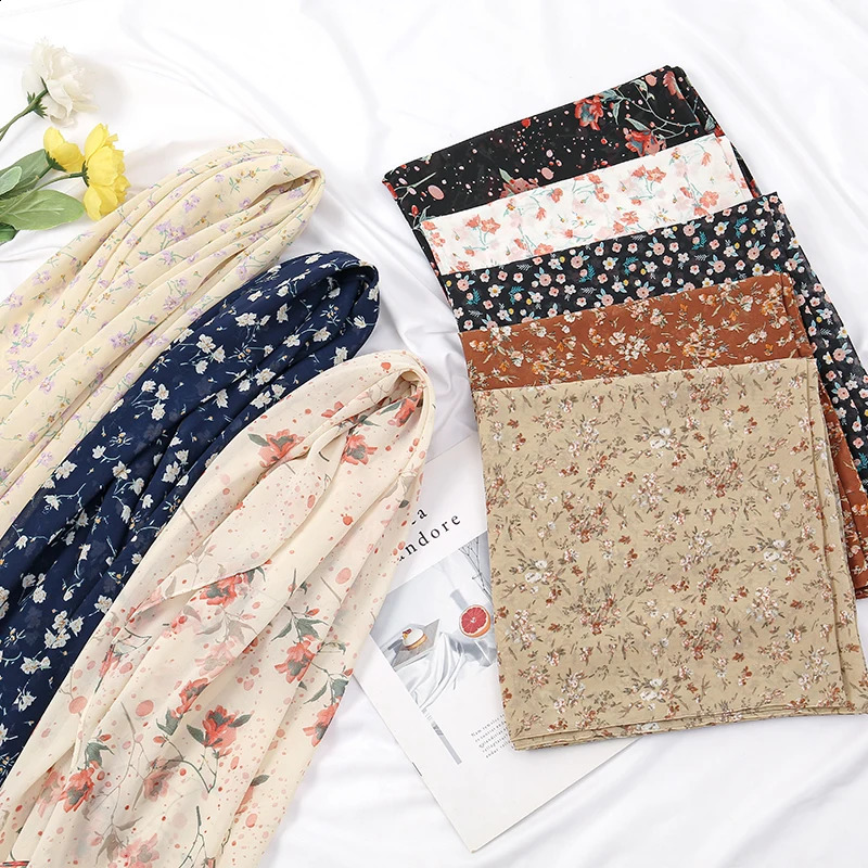 115cm Floral Printed Square Scarf Chiffon Headband Scarf For Muslim Woman Hijabs Shawls Lady Elegant Wraps Ethnic Islam Turban 250424