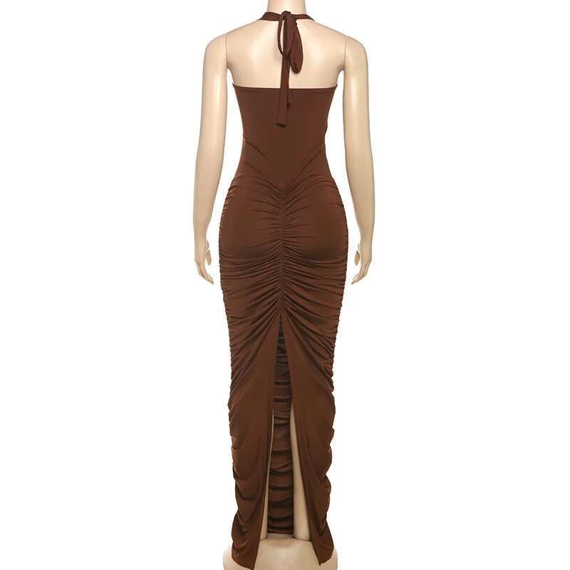 Dongdumaoyi Townlike Maxi Long Slim Bodycon Pleated Dress Women Halter Spring Summer Backless Nightclub Sexy Party Dresses