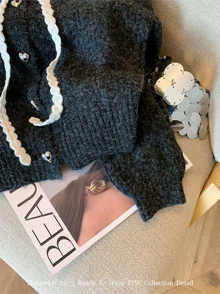 French Peter Pan Collar Luxury Cardigans Lace Up Slim Chic Womens New Knitwear 2023 Autumn Winter Streetwear Japanese FashionT251125