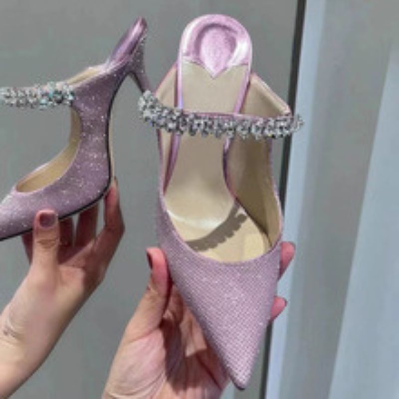 Women's Glitter Pink Pointed Toe Mule High Heels, Rhinestone Strap Elegant Evening Party Dress Shoes---168-1
