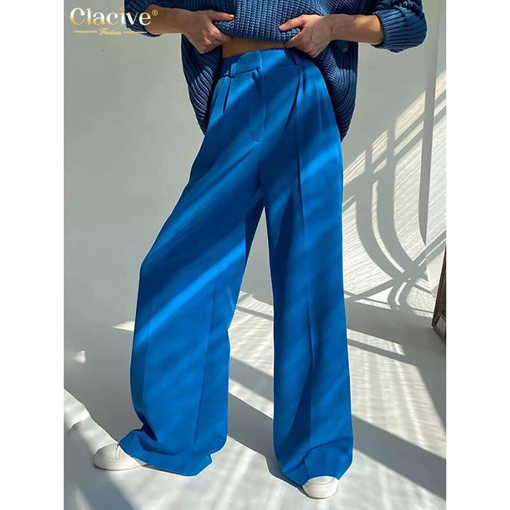 Clacive Blue Office Women's 2021 Fashion Loose Full Length Ladies Trousers Casual High Waist Wide Pants For Women