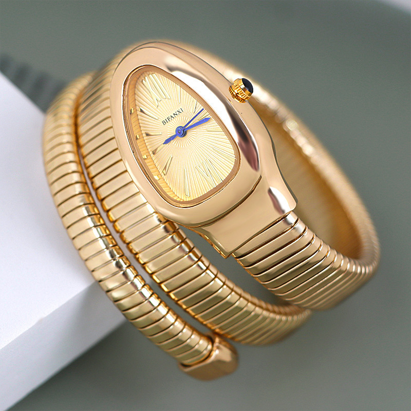 Luxury Brand Designer Watches Foreign Trade Snake-Shaped Quartz Watch For Women, Fashionable Two-Circle Steel Band Watch, Versatile Gradient Bracelet 