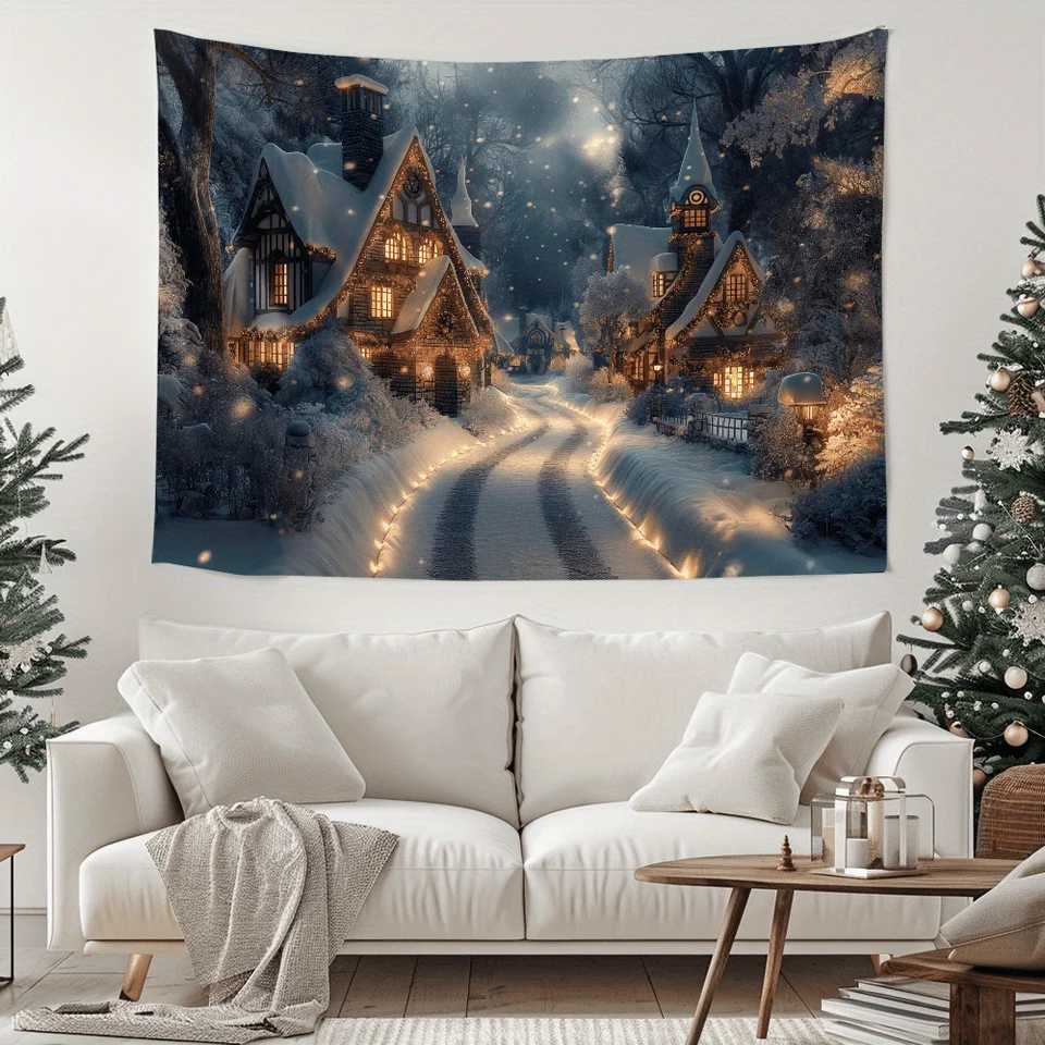 Christmas New Years Snowy Town Wall Tapestry Winter Wonderland Landscape Room Decoration Items Wall Fabric Bedroom TapestryM251125