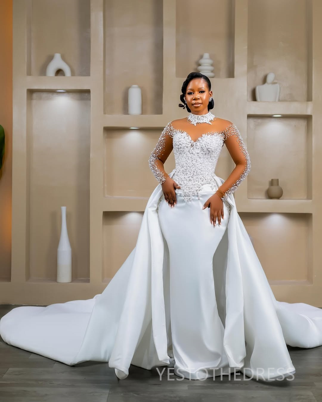2024 Plus Size African Mermaid Wedding Dress Bridal Gowns For Bride Illusion Detachable Train High Neck Beaded Lace Rhinestones Wedding Gowns For Blac
