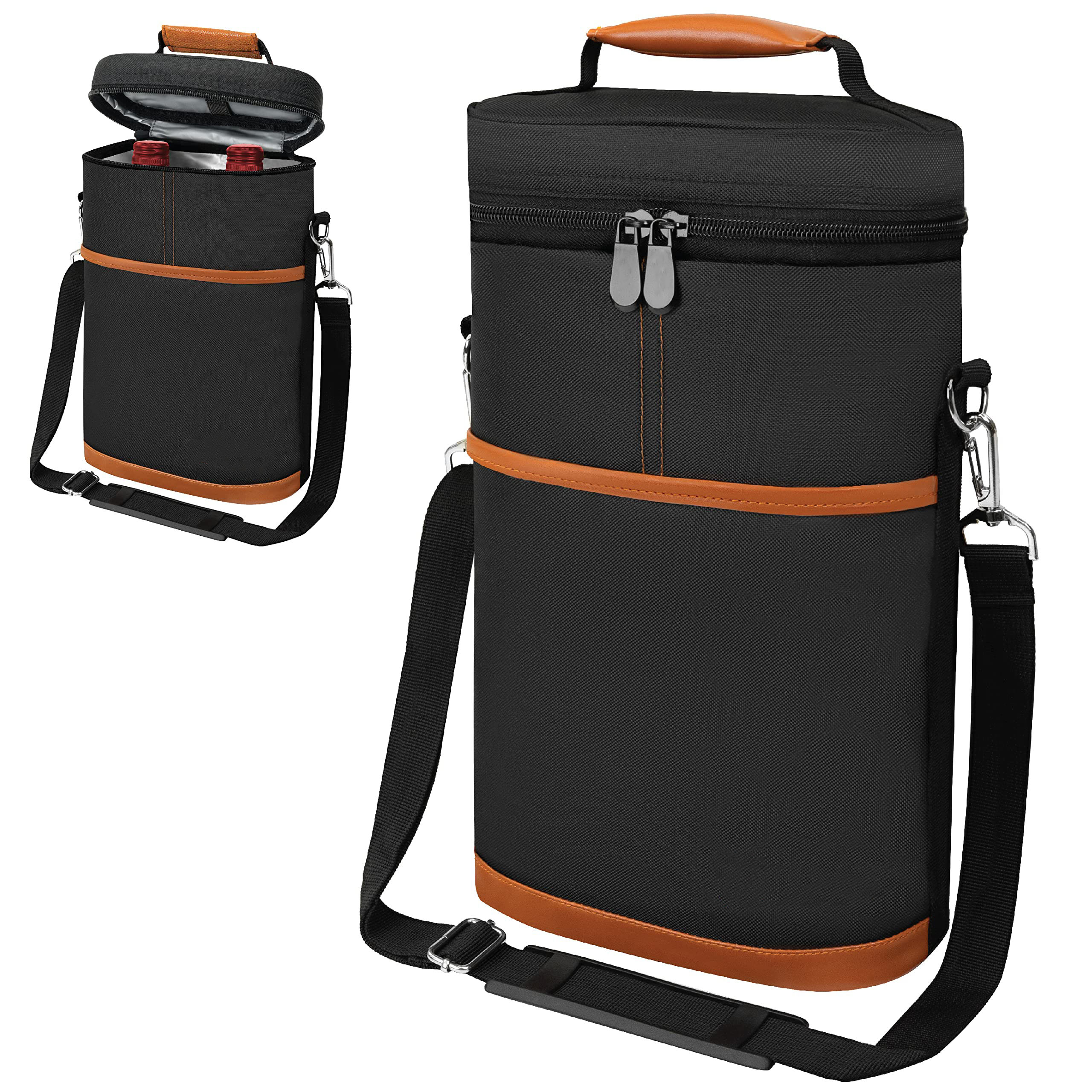 2 Bottle Wine Carrier Tote, Insulated Leakproof Wine Cooler Bag, Wine Travel Bag for Picnic BYOB Beach, Portable Wine Bottle Carrying Case, Gift