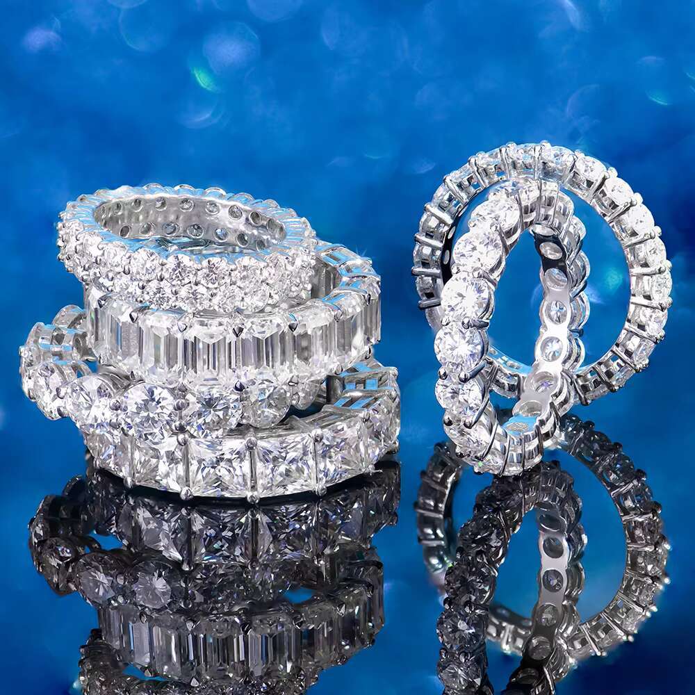 Stocks Fine Jewelry Moissanite Tennis Rings 925 Sterling Silver Emerald Shape 5*7mm Moissanite Rings Hip Hop Jewelry