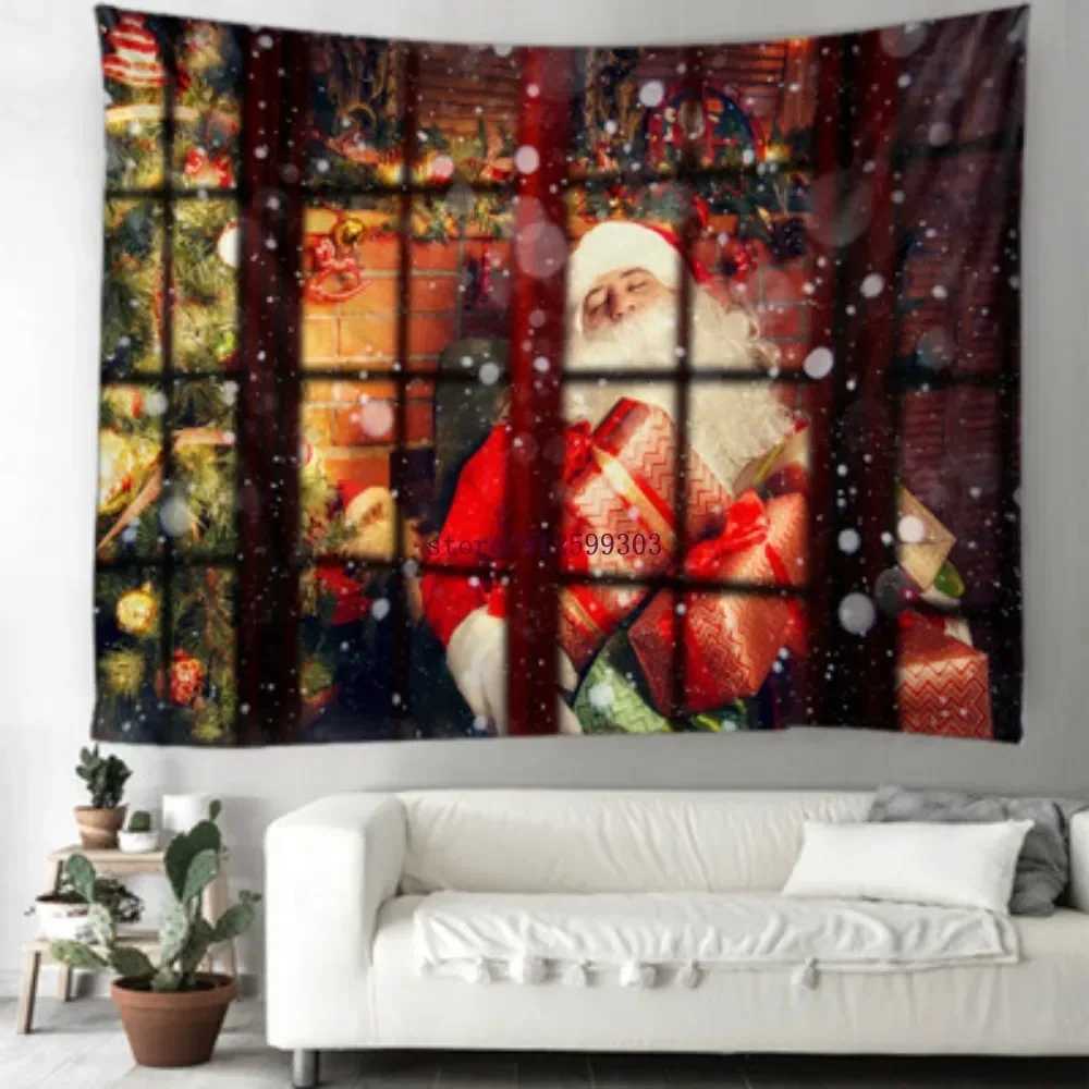 Home decoration christmas tapestry snowflake santa winter night fireplace print wall decoration tapestry 230x180cm tapizM251125