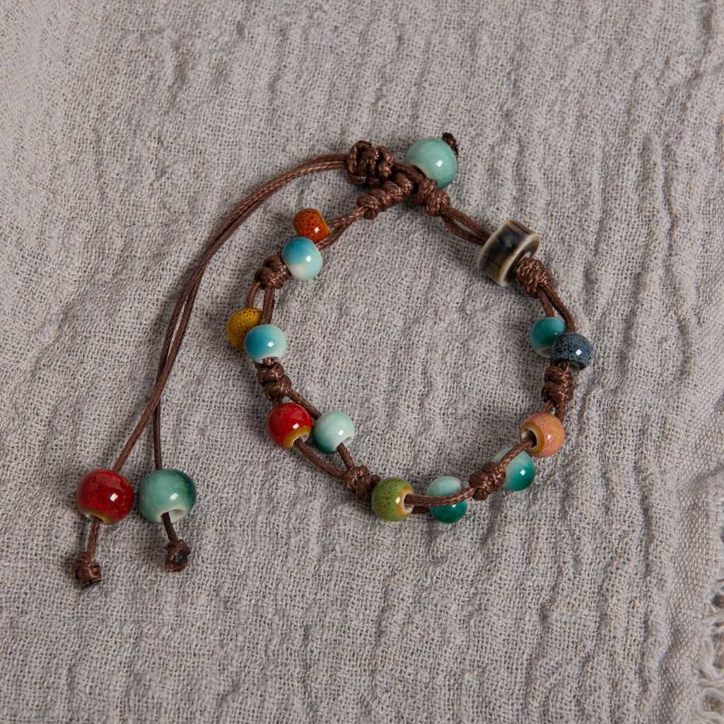 Adjustable Multicolor Handmade Ceramic Bead Bracelet Wax Cord Woven Jewelry Boho Style Unisex Gift for Couples and Friends J251125