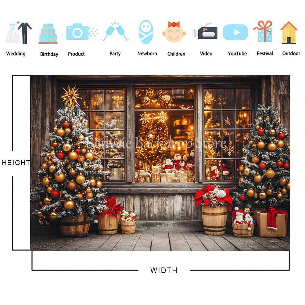 Bonvvie Christmas Backdrop Window Fireplace Xmas Tree Gift Winter Snow Baby Portrait Photography Background Decor Photo StudioM251125